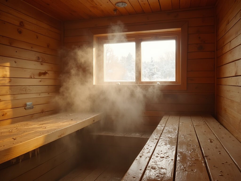 Traditional Finnish sauna with steam rising, soft amber light filtering through wooden slats, snow visible outside window, wooden benches and droplets on surface, displaying a serene winter ambiance.