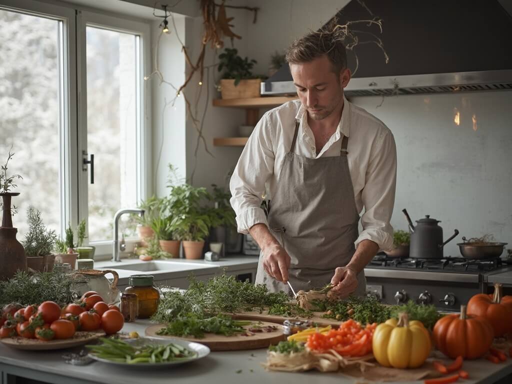 Young chef preparing plant-based Christmas feast in modern Finnish kitchen with organic vegetables, minimalist Nordic design and soft natural light through window
