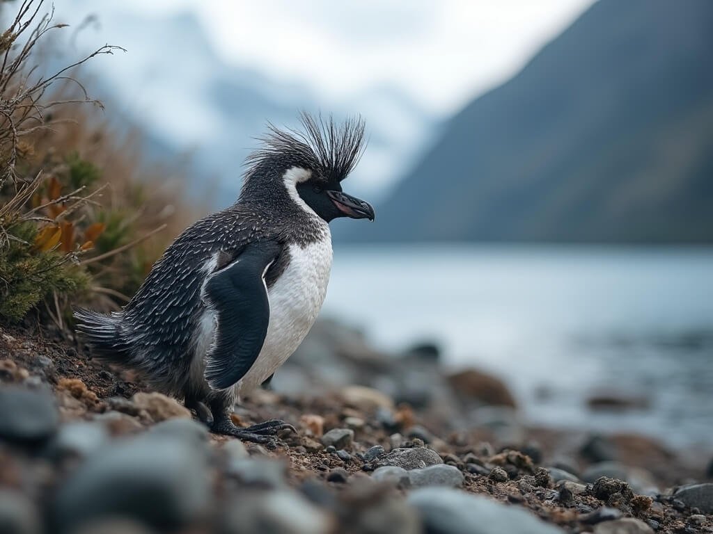 Close-up of a Fiordland crested penguin on rocky shore near vegetation with blurred fjord landscape in the background