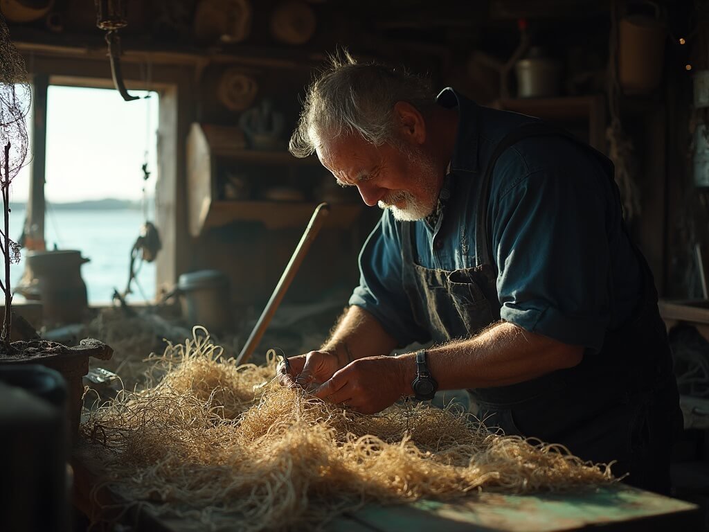 Local fisherman in Henningsvær repairing traditional fishing nets in a rustic wooden workshop under soft natural light, with fishing equipment and maritime tools in the background.