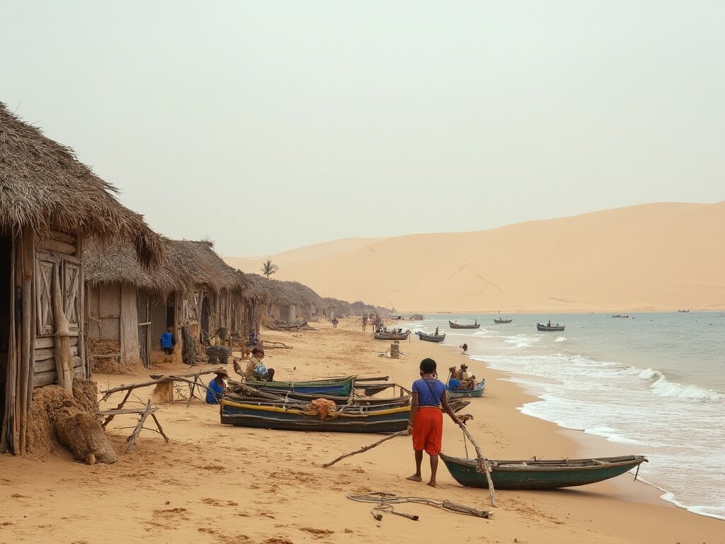 Fishermen arranging their boats in a traditional wooden-house fishing village at Lençóis Maranhenses, with expansive sand dunes in the background