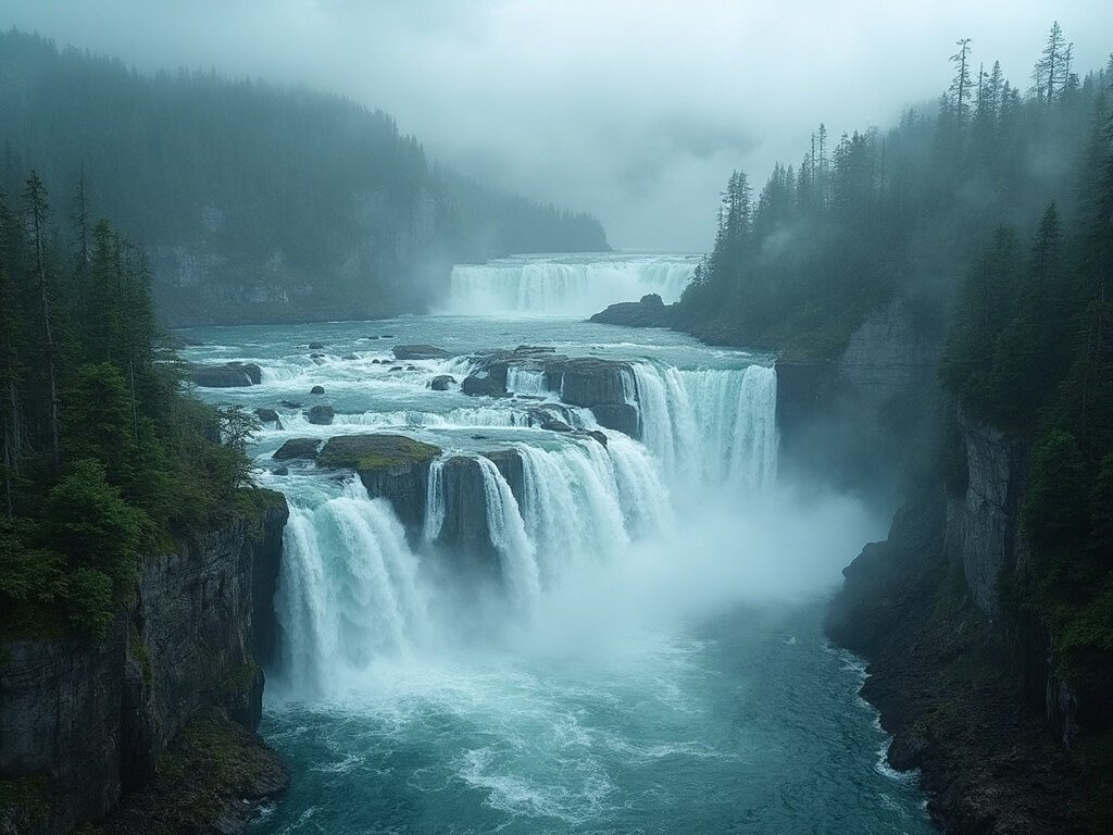 Panoramic view of numerous waterfalls cascading down rock faces into a fjord, creating a misty ambiance, surrounded by lush green forest