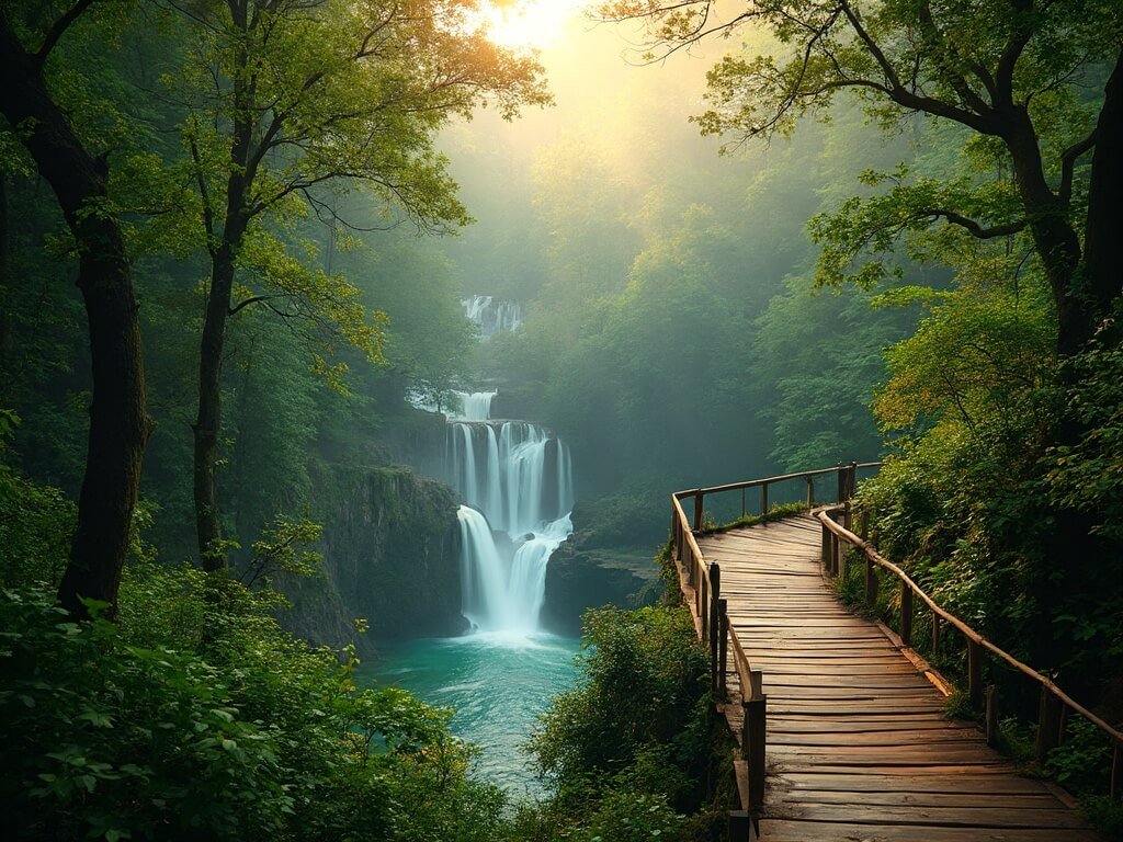 Wooden boardwalks through lush green forest leading to cascading turquoise waterfalls during golden hour