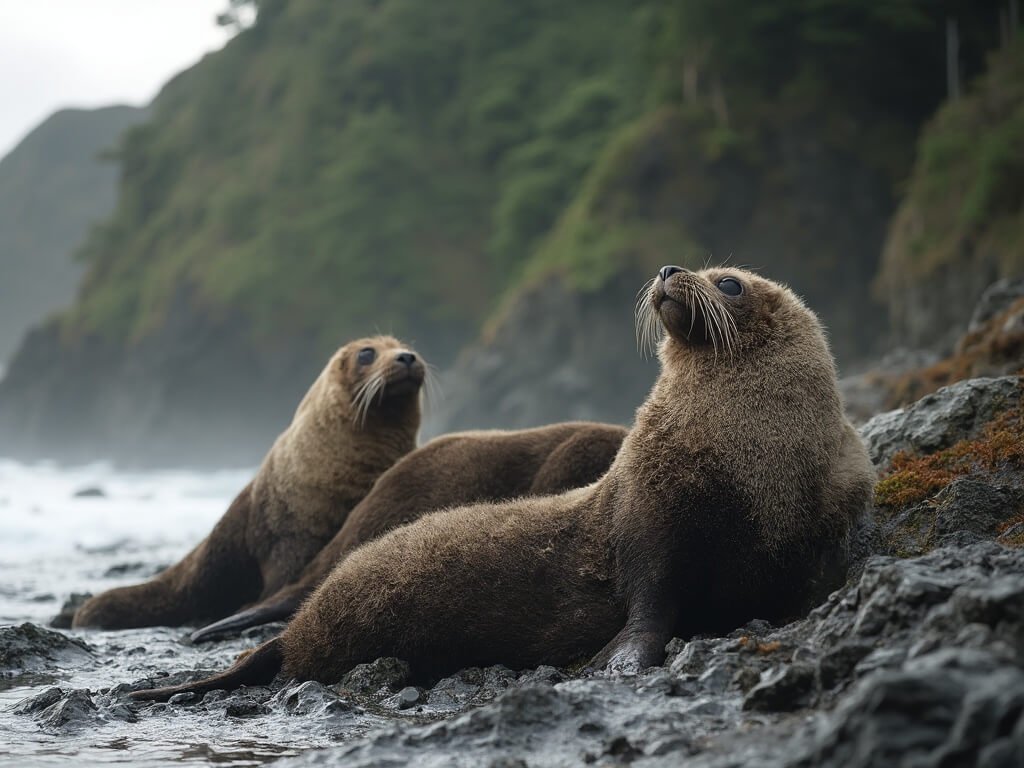 New Zealand fur seals resting on rocky shoreline, dense temperate rainforest in the background, morning light illuminating fur and rugged coastline