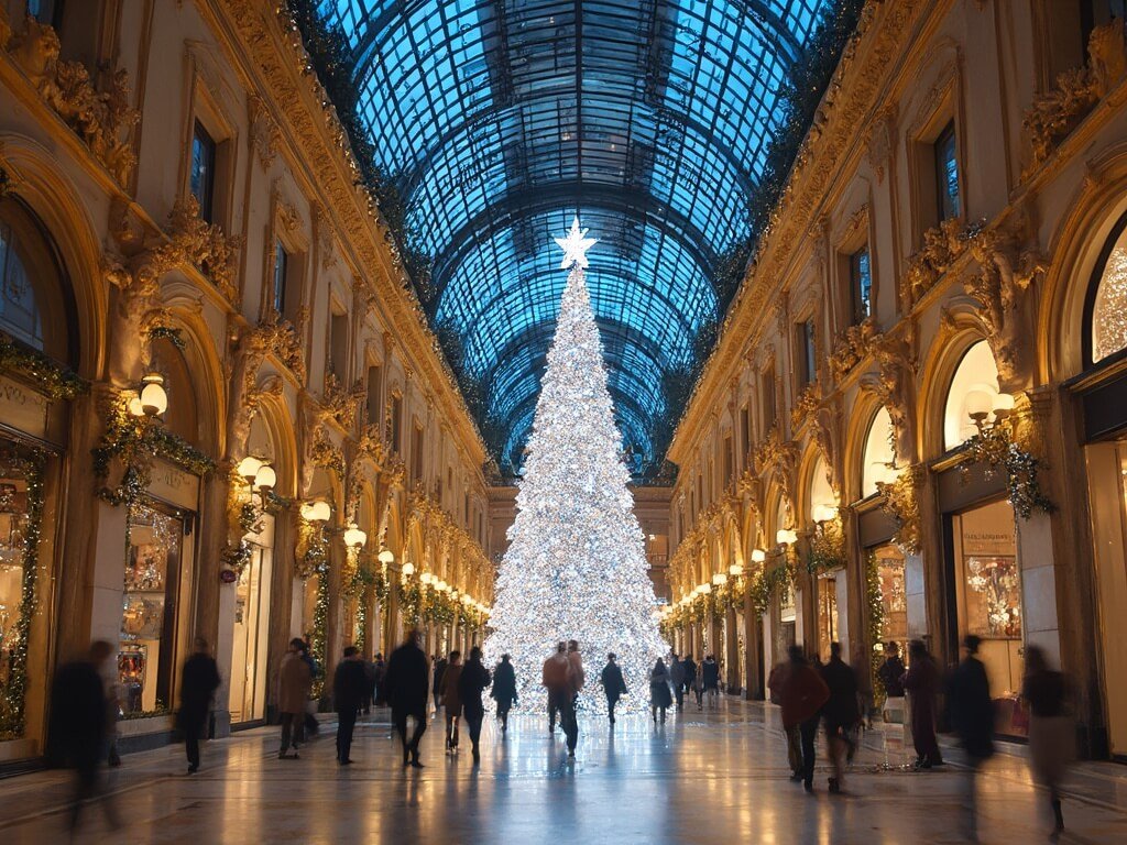 Galleria Vittorio Emanuele II during Christmas evening with sparkling lights reflecting on marble floors, crystal-adorned Christmas tree centerpiece, elegant architectural arches, and fashionable people walking in a luxurious festive atmosphere