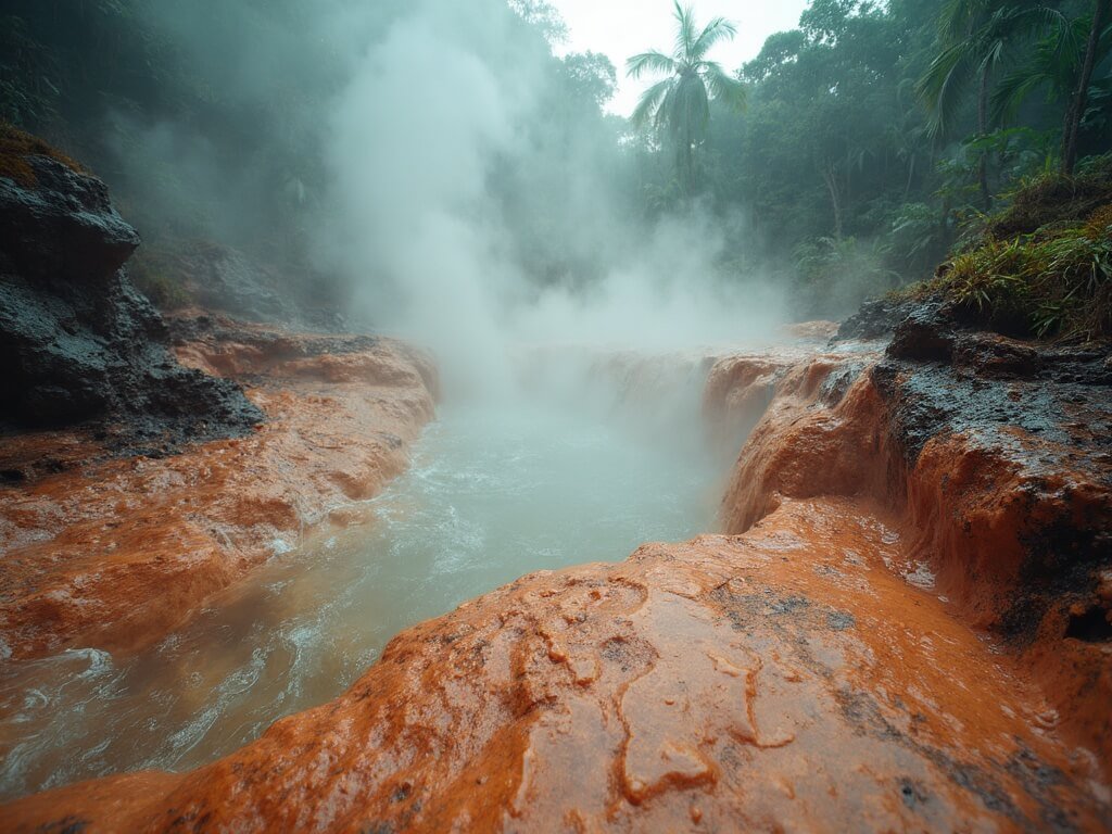 Close-up of a steaming mineral-rich hot spring at Poça da Dona Beija, with rusty orange-brown deposits, water cascading over volcanic rocks, surrounded by tropical vegetation in misty early morning light