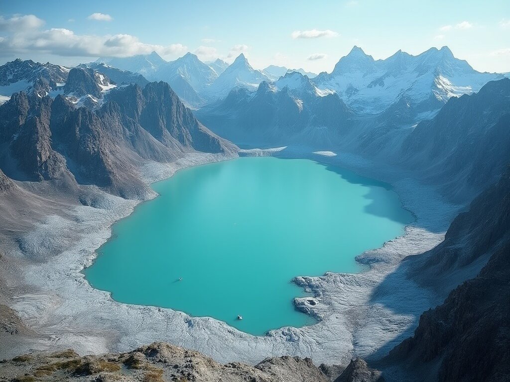 Aerial view of a turquoise glacial lake amidst rugged mountain peaks with visible sharp geological formations, representing untouched high altitude wilderness