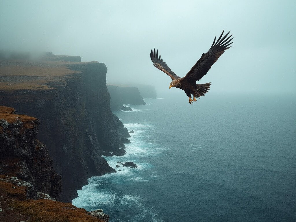Golden eagle soaring over misty sea and rugged coastal cliffs of Harris landscape