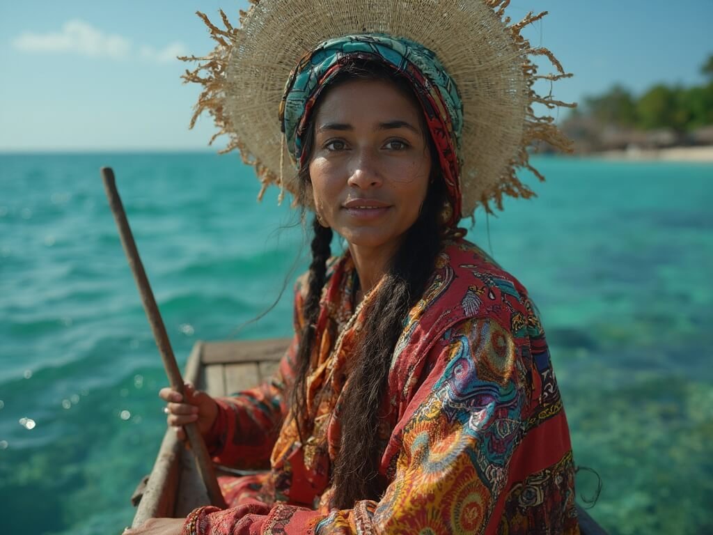 Traditional Guna woman in vibrant mola clothing in a wooden canoe amidst coral reefs, depicting cultural authenticity and oceanic connection