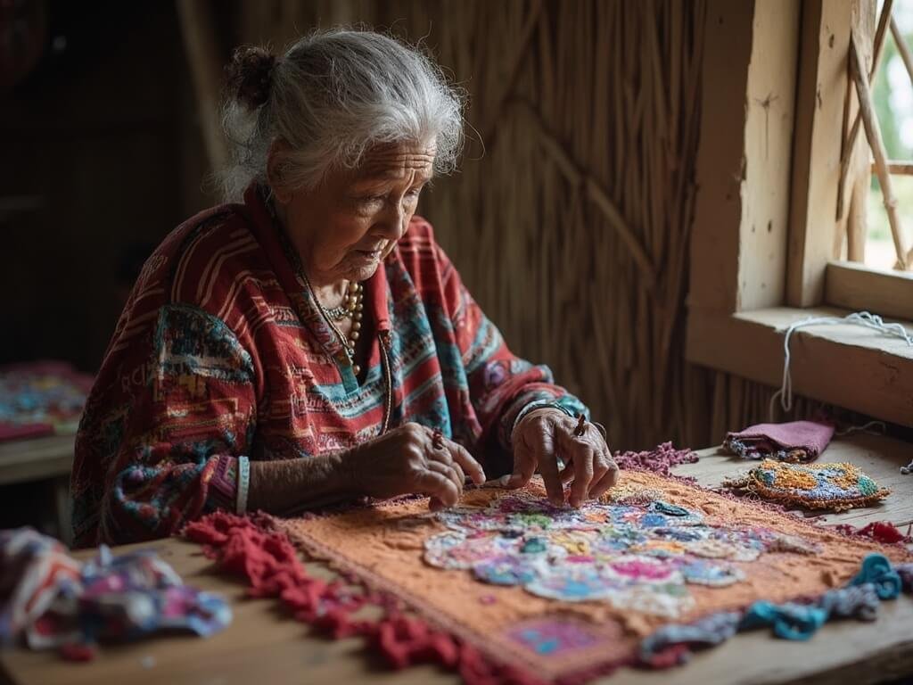 Elderly Guna woman skillfully sewing a mola textile in a traditional thatched hut, surrounded by multicolored fabric pieces, with sunlight streaming from a window