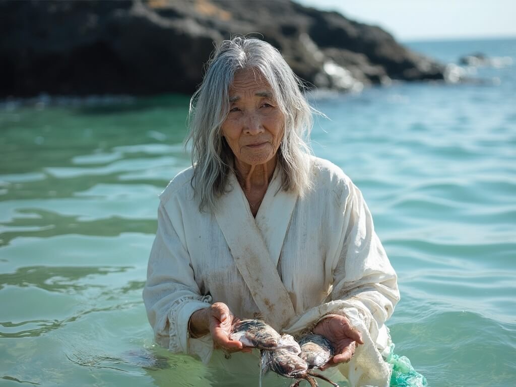 Elderly Haenyeo female diver in traditional gear emerging from clear ocean waters with fresh seafood catch against volcanic rocky shoreline