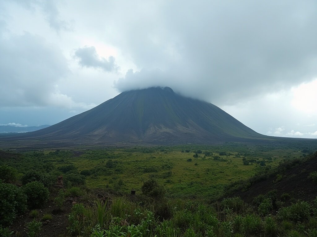 Majestic view of Hallasan shield volcano against dramatic sky with lush foreground vegetation