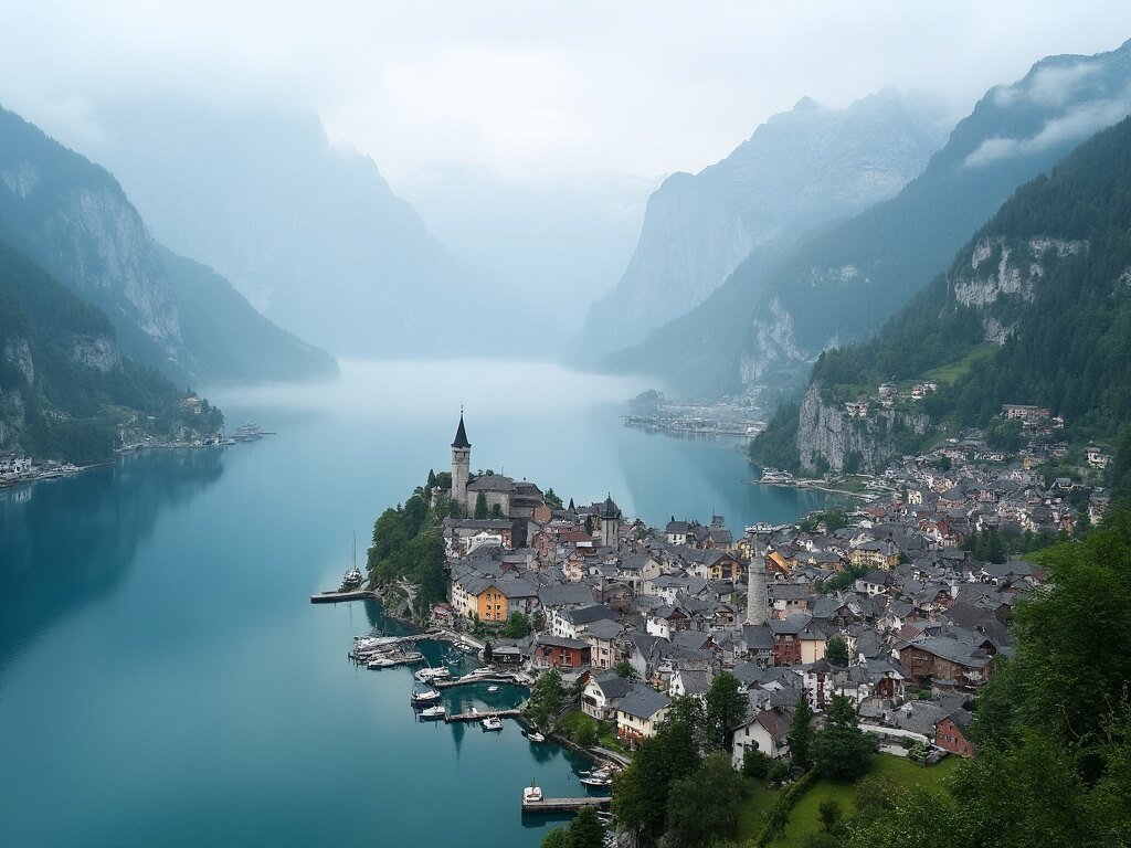 Pastel-colored houses of Hallstatt village nestled between crystal-clear lake and Alpine mountains in morning mist