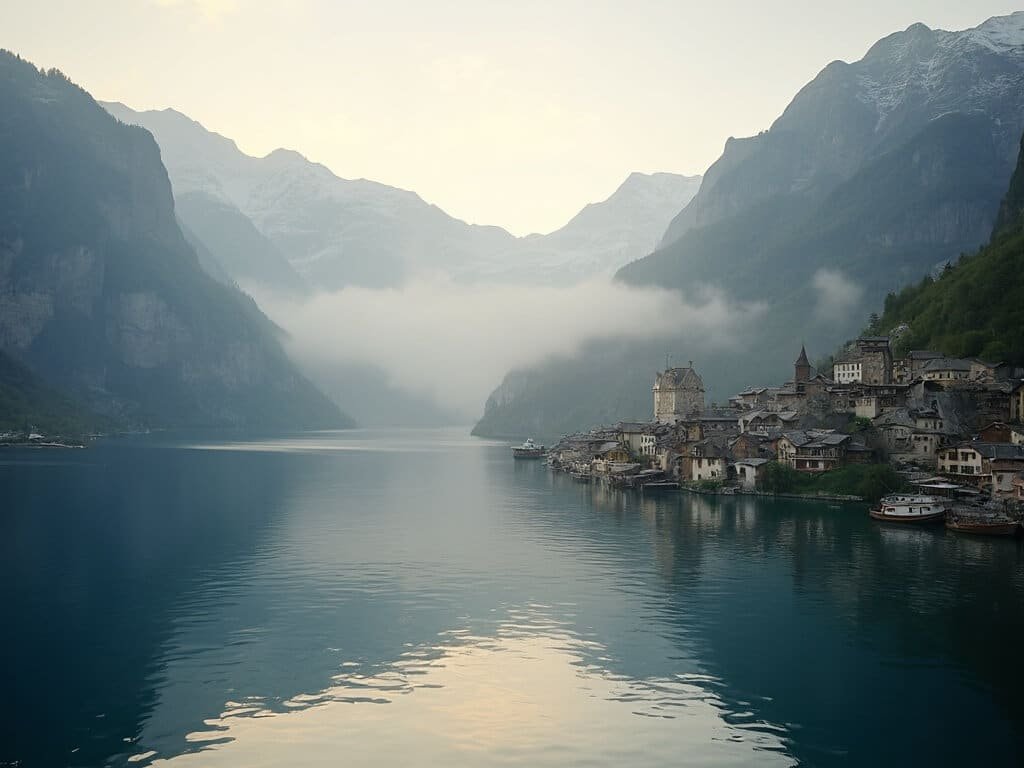 Hallstatt village during golden hour with historic buildings against mountain slopes, reflected in calm lake and surrounded by early morning mist