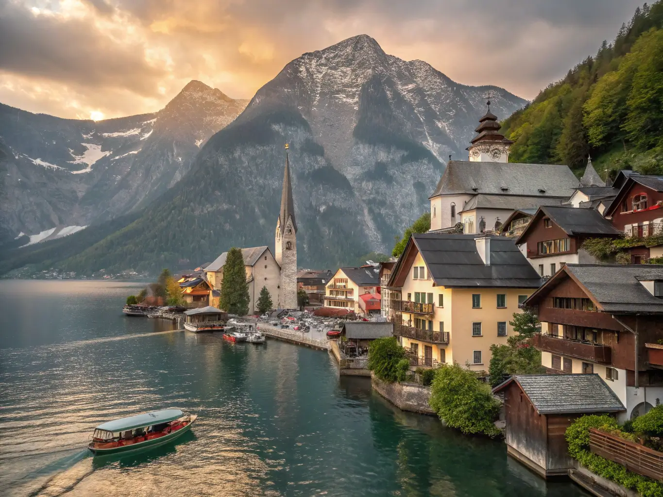Hallstatt village during golden hour with historic buildings against mountain slopes, reflected in calm lake and surrounded by early morning mist