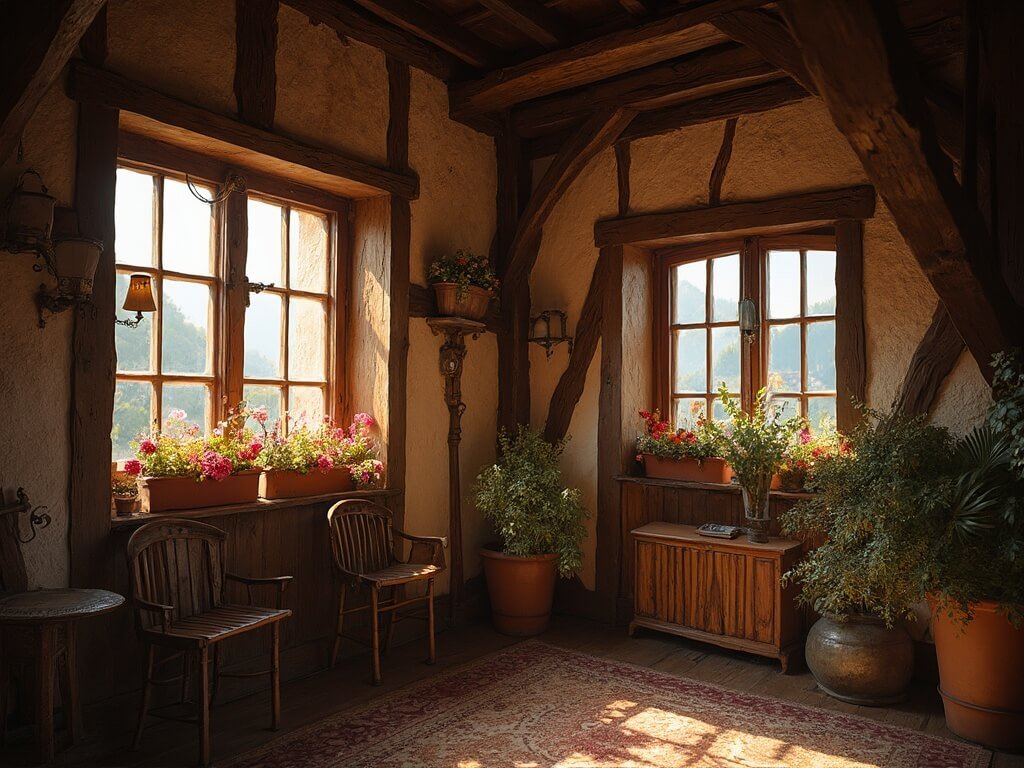 Close-up of intricate wooden interiors of a 16th-century Hallstatt house with colorful flower boxes in the window and warm afternoon light illuminating the room