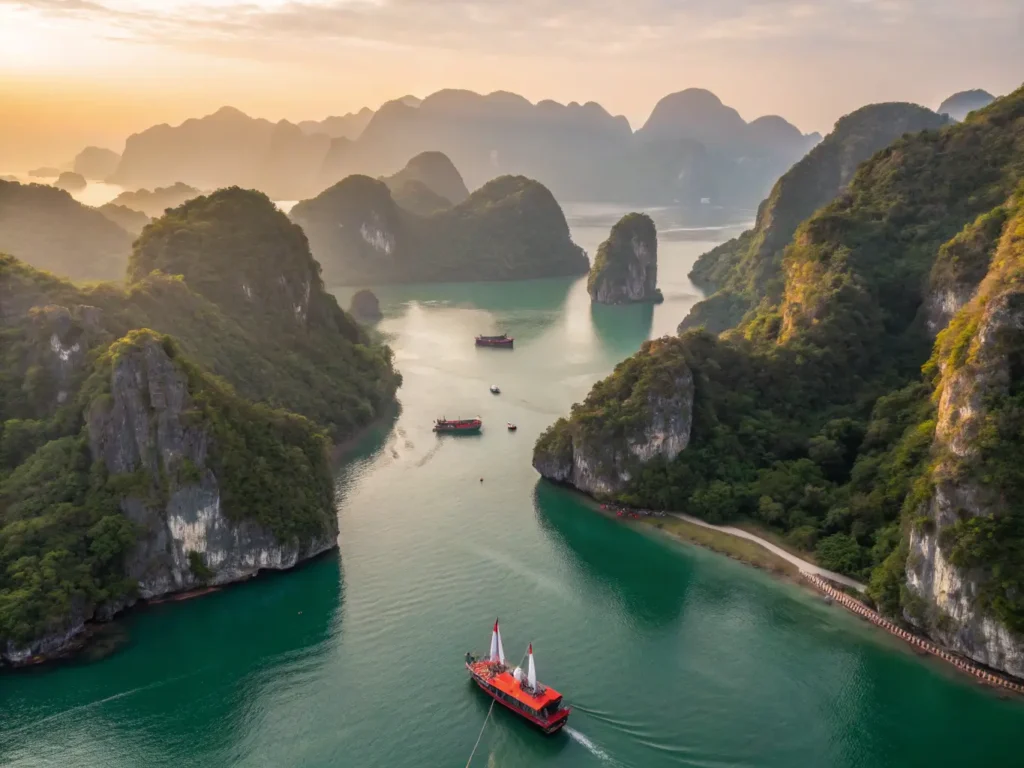 "Aerial view of UNESCO World Heritage site Hạ Long Bay in Vietnam at golden hour, showcasing limestone karst formations, emerald green waters, traditional junk boats, and dramatic cliffs"