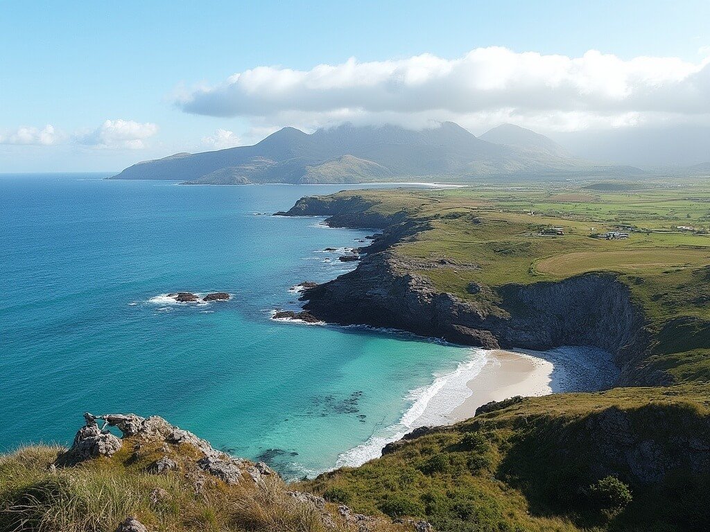Panoramic view of Isle of Harris coastline with rocky terrain, azure waters, distant mountains, cloud formations, green moorland, and sandy beaches