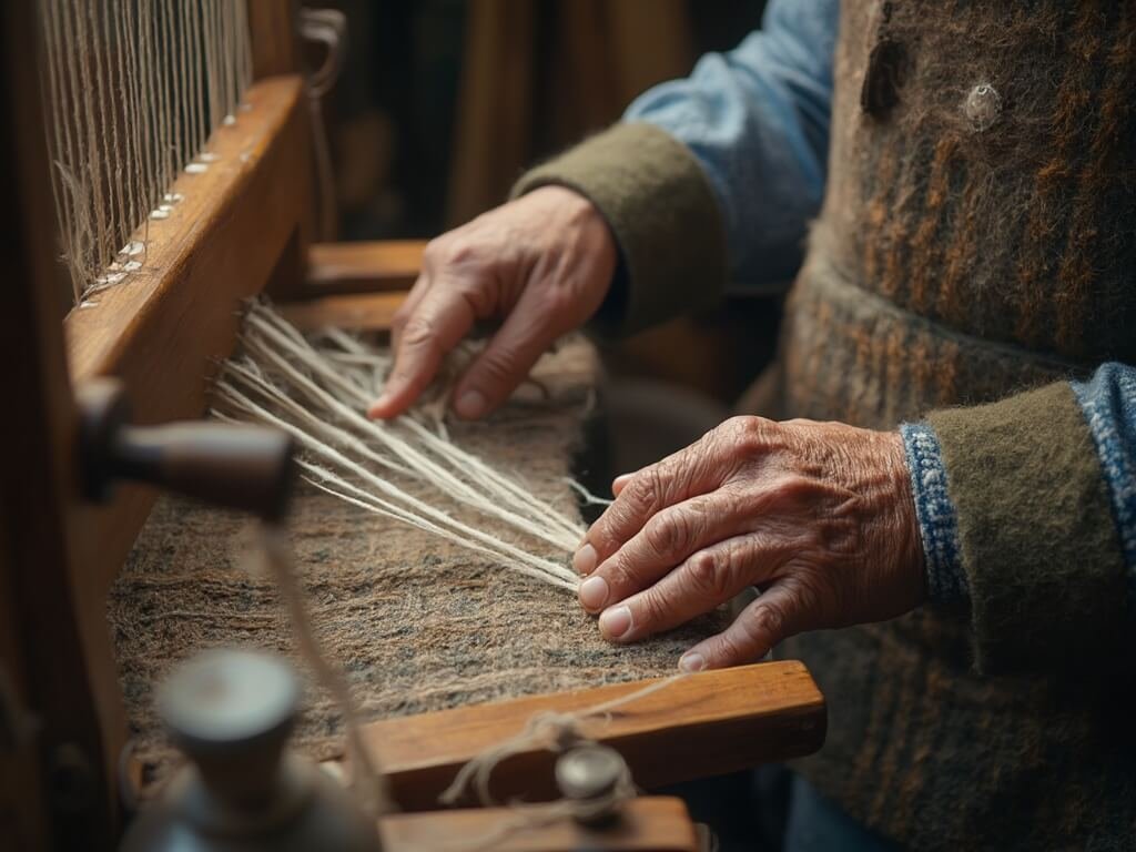 Weathered hands weaving traditional Harris Tweed on a vintage loom in a cozy cottage, illuminated by soft natural light