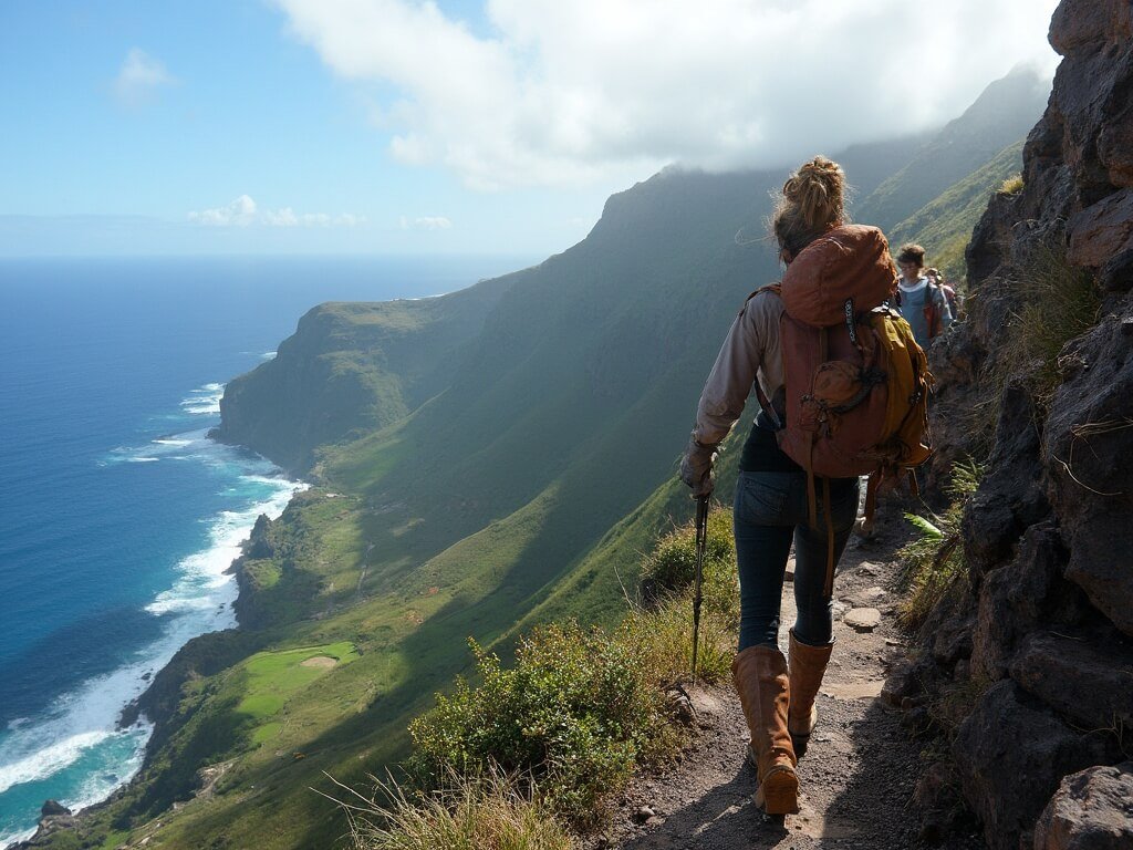 Hiker standing on a narrow trail with views of rugged terrain, cliff edge and the Atlantic Ocean on the island