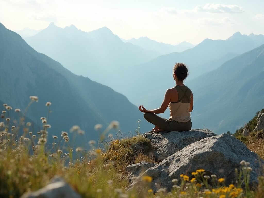 Hiker meditating on a rocky mountain overlook amidst alpine meadows with wildflowers, in minimalist outdoor clothing, with distant mountain ranges fostering tranquillity and connection with nature