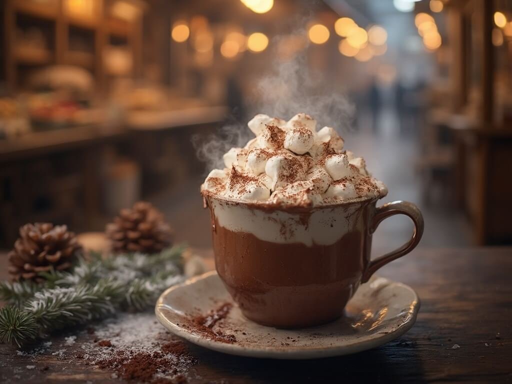 Steaming artisan hot chocolate with detailed marshmallows and chocolate swirls at Borough Market with soft winter light