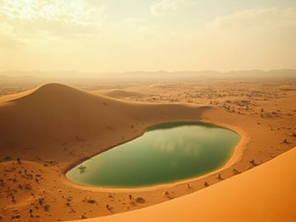 Desert landscape at golden hour with sand dunes and Huacachina oasis