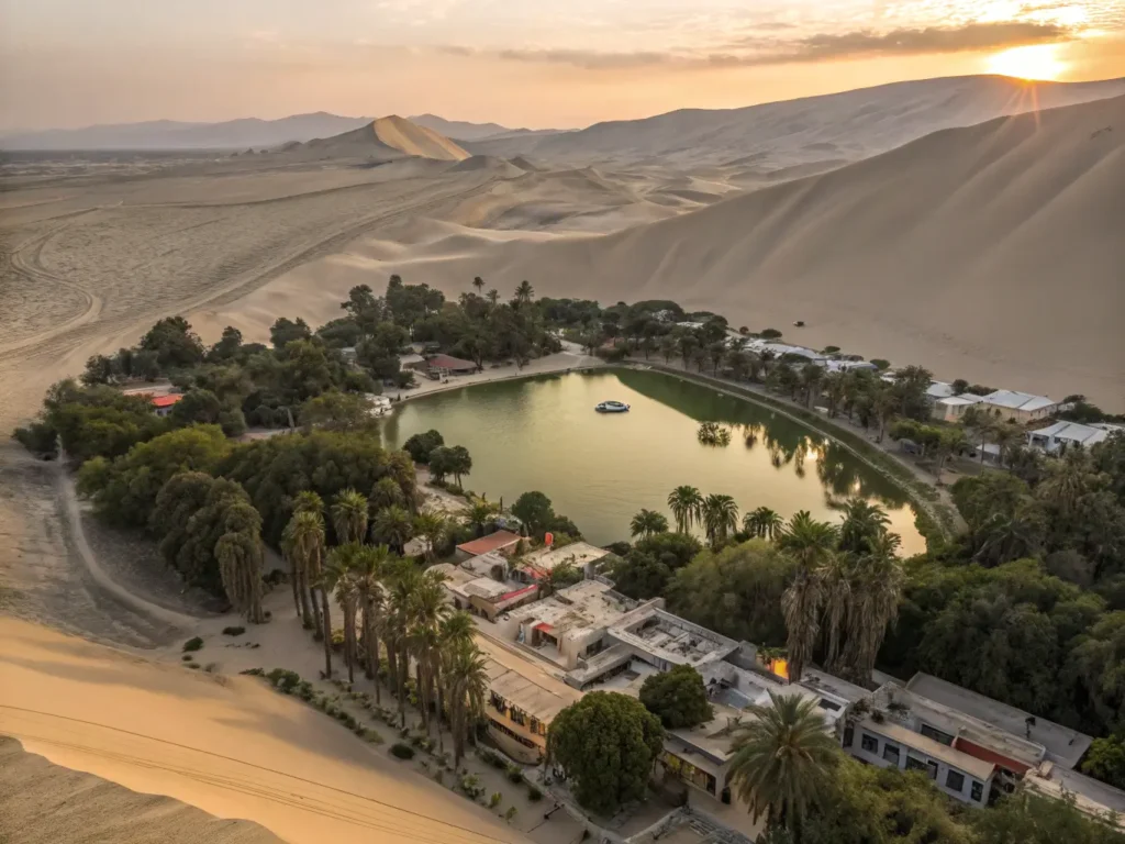 "Aerial view of Huacachina Oasis in Peru at sunset highlighting the contrasting green lagoon, palm trees, and golden sand dunes"