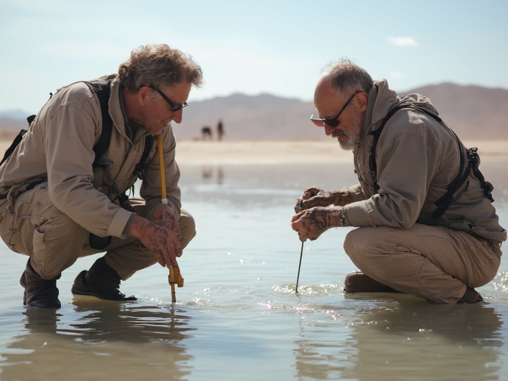 Environmental researchers measuring water levels in Huacachina lagoon with scientific equipment and technical field gear, oasis landscape in the background