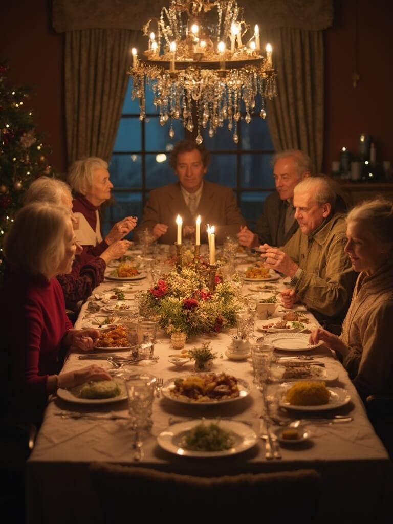 Hungarian family enjoying traditional Christmas dinner with dishes like stuffed cabbage rolls and poppy seed bread pudding, under soft candlelight, using vintage family china, with holiday decorations subtly enhancing the warm and intimate atmosphere.