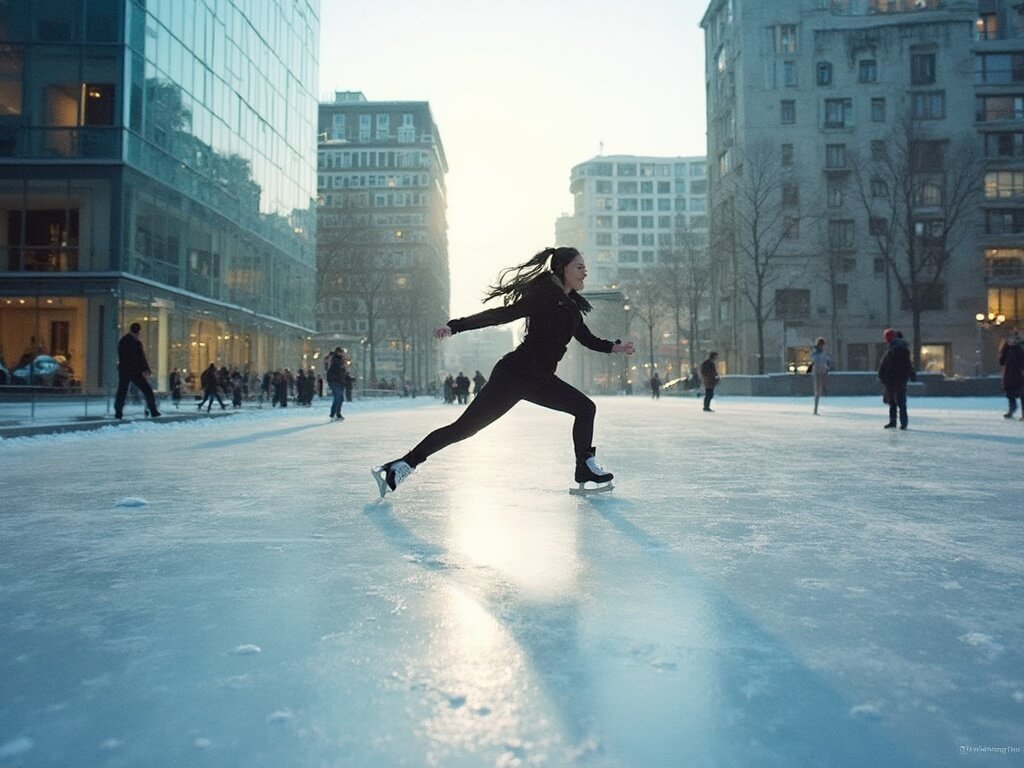 Ice skater performing mid-glide at Piazza Gae Aulenti with modern glass buildings background and winter light reflections on the ice