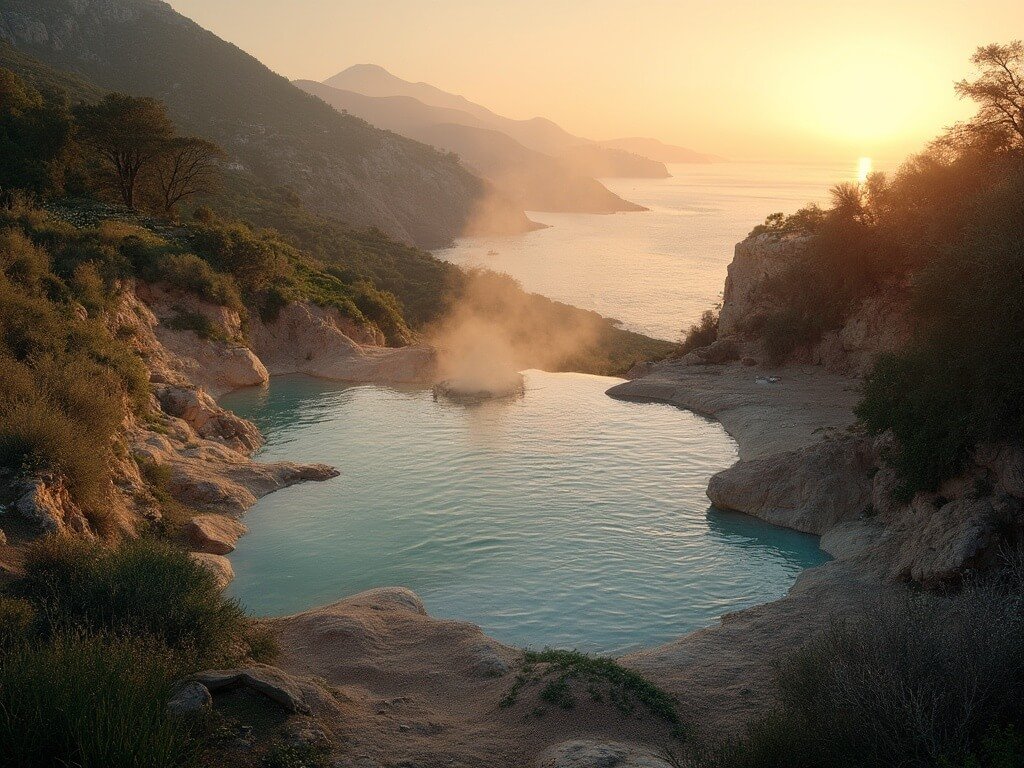 Serene sunset landscape of Ischia with thermal springs, volcanic hills, rising steam from natural hot water pools, and surrounding Mediterranean vegetation.
