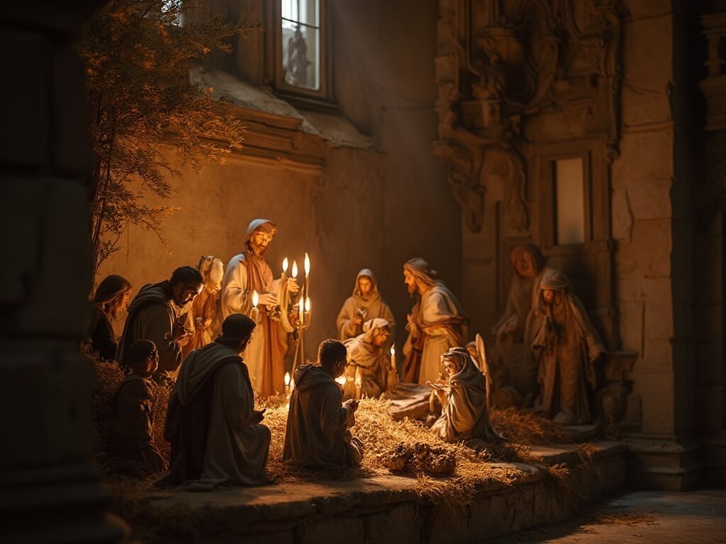 Traditional Italian presepi in a Roman church, featuring exquisite craftsmanship with soft candlelight shadows on figurines and architectural elements