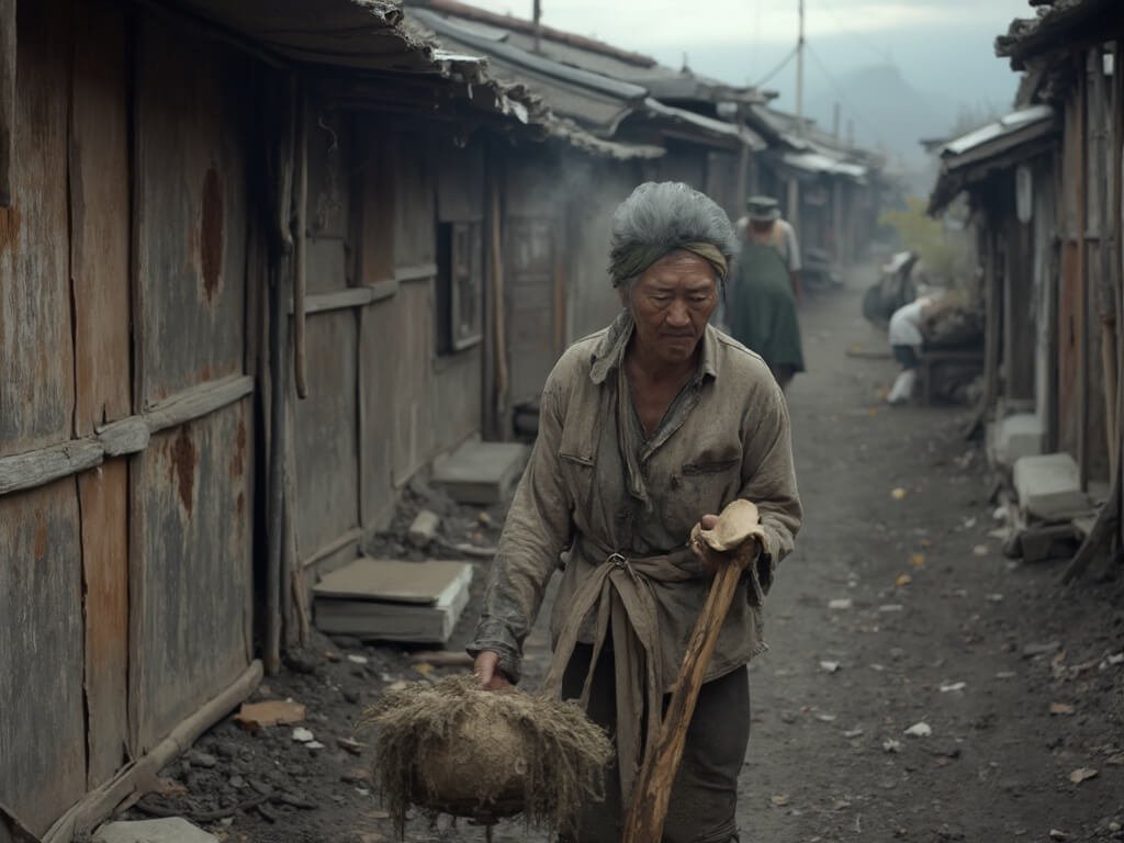 Local resident performing daily tasks in a self-sufficient lifestyle, with traditional Japanese wooden houses and volcanic landscape in the background, depicted in soft natural light