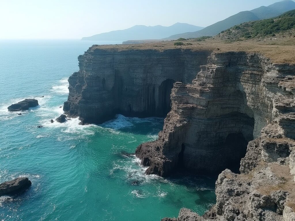 Geometric basalt columns of Jusangjeolli Cliff rising from turquoise waters against an ocean backdrop
