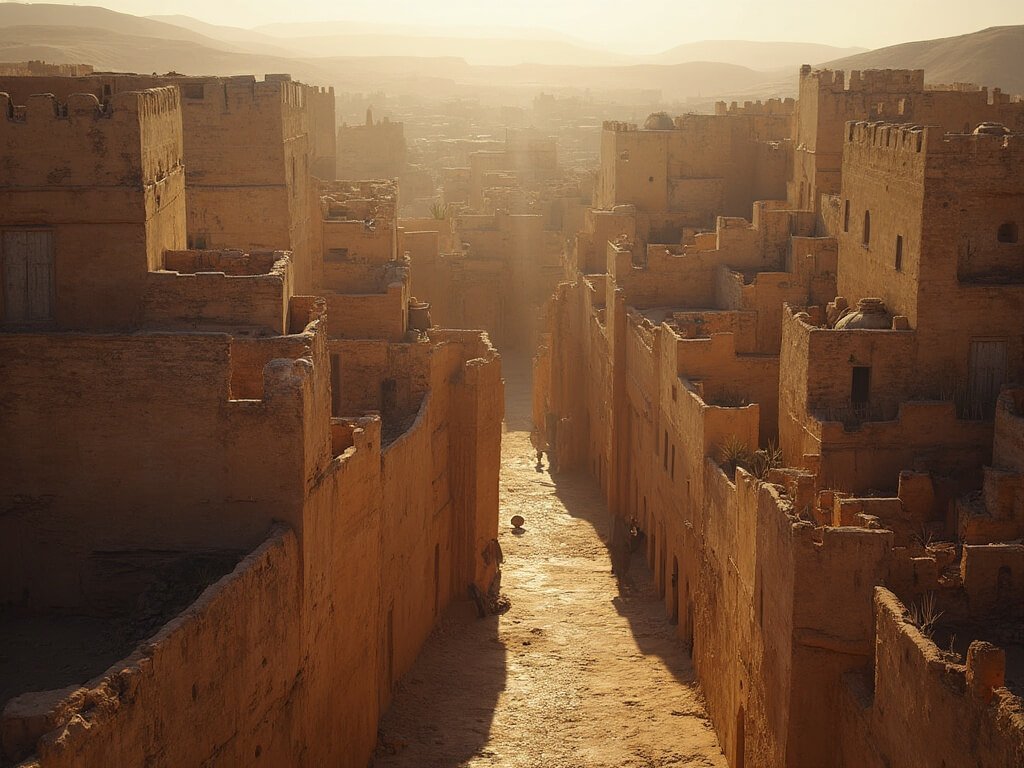 Wide-angle view of winding ancient kasbah streets with tall, angular walls forming maze-like passages, with morning light creating deep shadows, showcasing the fortress's strategic architectural design