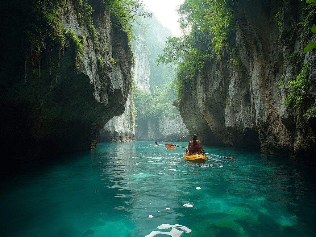 Kayaker navigating through a narrow passage in a hidden limestone lagoon with steep cliffs and tropical vegetation