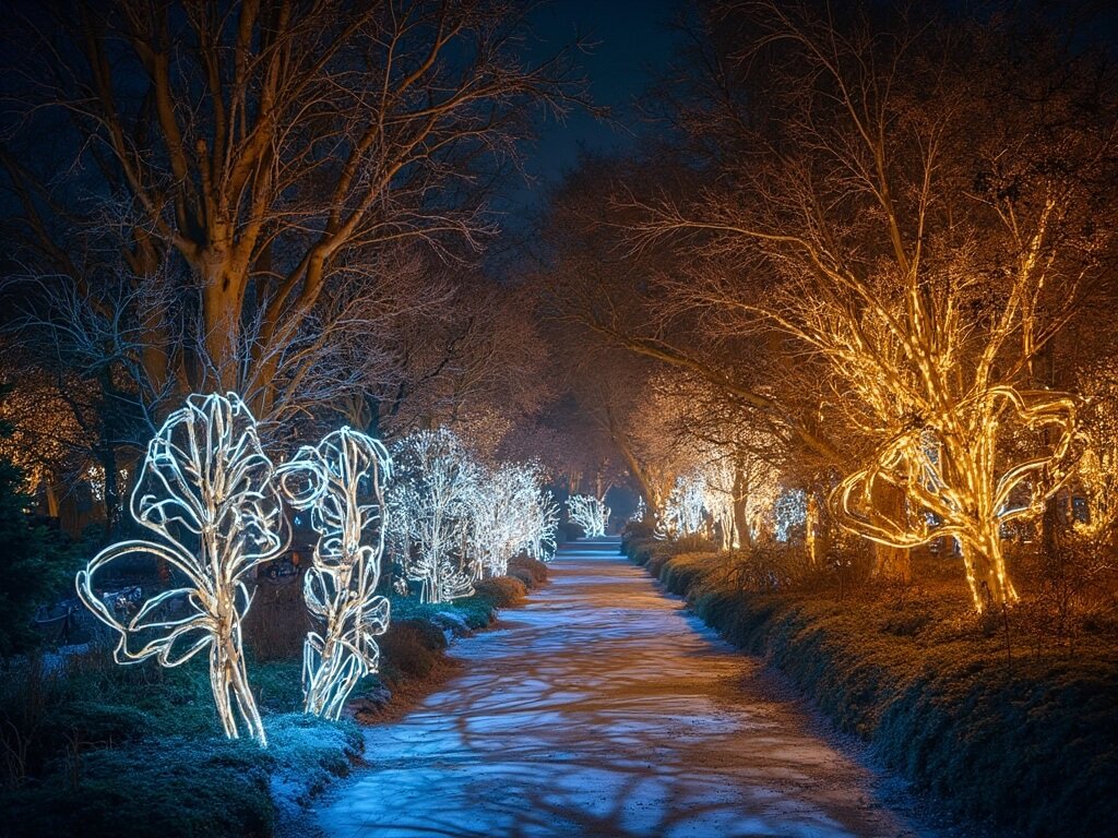 Long exposure photograph of an intricate light installation illuminating botanical pathways at Kew Gardens during Christmas, depicting soft golden and blue lights cascading through winter trees at night