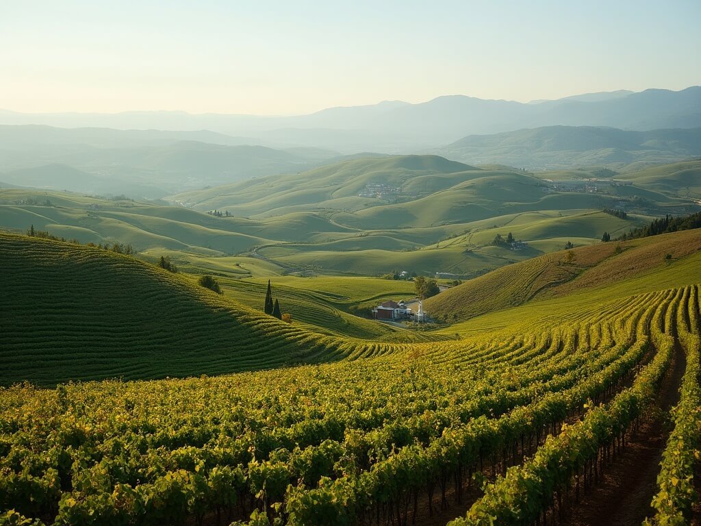 Rolling vineyards in La Rioja with emerald and golden grapevines, distant silhouette of Sierra de Cantabria mountains, and soft morning light casting shadows