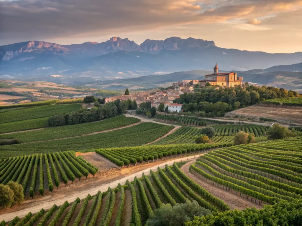 "Panoramic view of La Rioja's vineyards with medieval village of Laguardia and Sierra de Cantabria mountains at sunset"