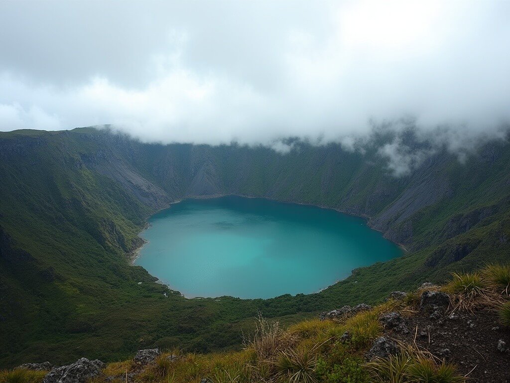 Panoramic view of the beautiful Lagoa do Fogo, a blue-green volcanic lake within a rugged caldera, surrounded by dense forest under dramatic clouds in the Azores, free of human intervention.