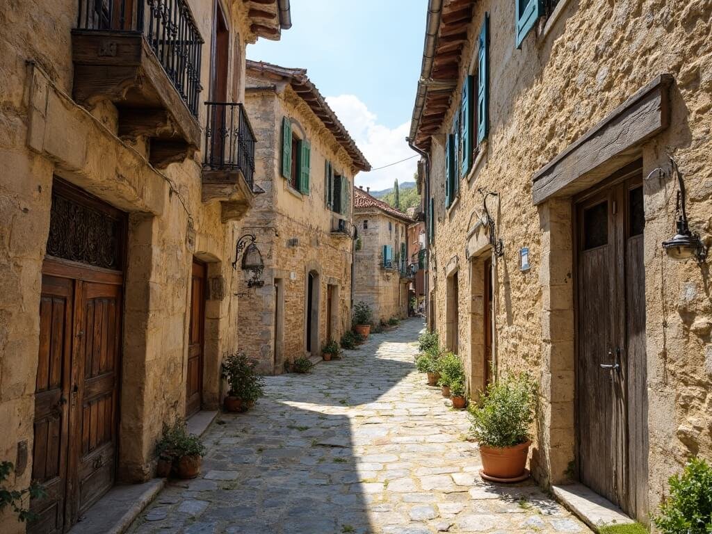 Medieval stone architecture in Laguardia, Rioja Alavesa, featuring narrow cobblestone streets and ancient buildings with weathered wooden doors and balconies