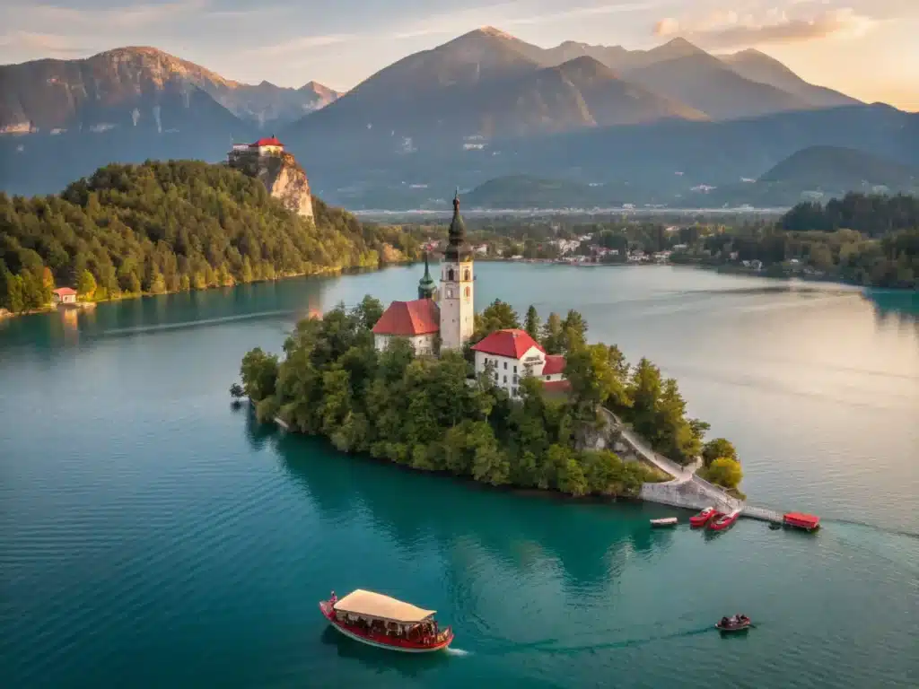 "Aerial view of Lake Bled in Slovenia at sunset, with the Church of the Assumption of Mary on an island, Pletna boats, Bled Castle, and the Julian Alps in the background"