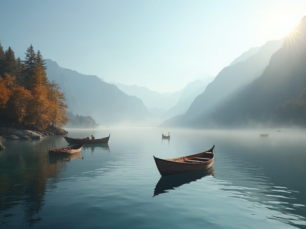 Traditional Pletna boats floating on Lake Bled with misty mountains in the background and early autumn morning light illuminating the serene landscape