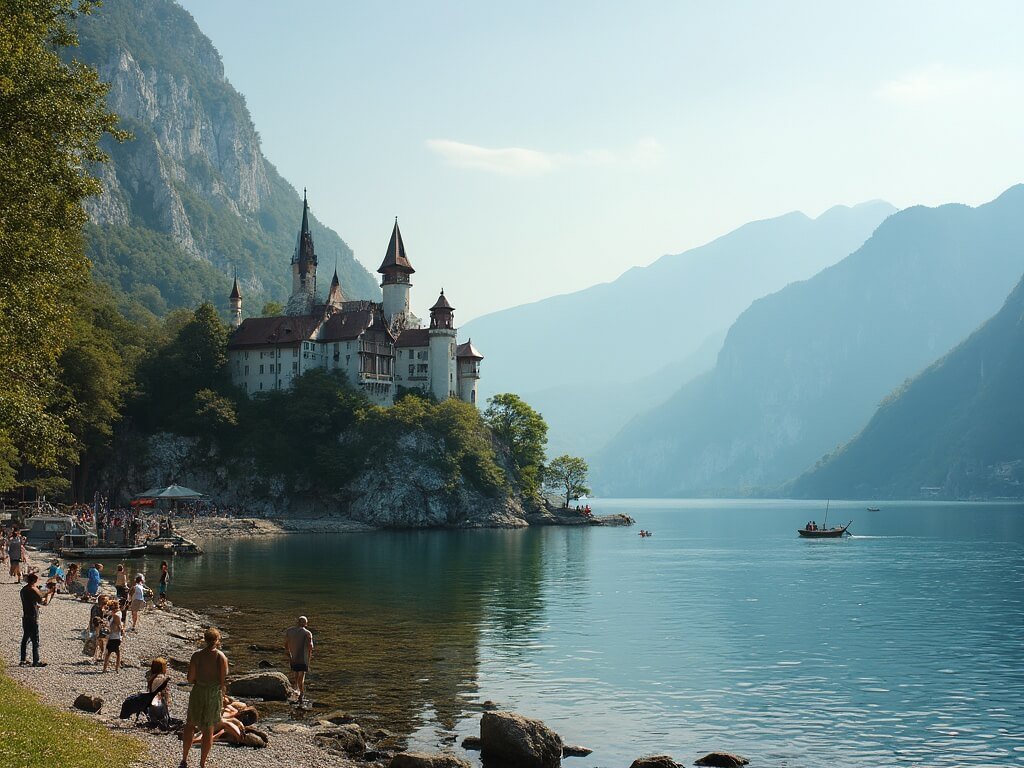 Panoramic view of Lake Bled in the late afternoon with locals and tourists near the lake's edge, medieval castle on rocky cliff in the background symbolizing the blend of human presence and natural landscape