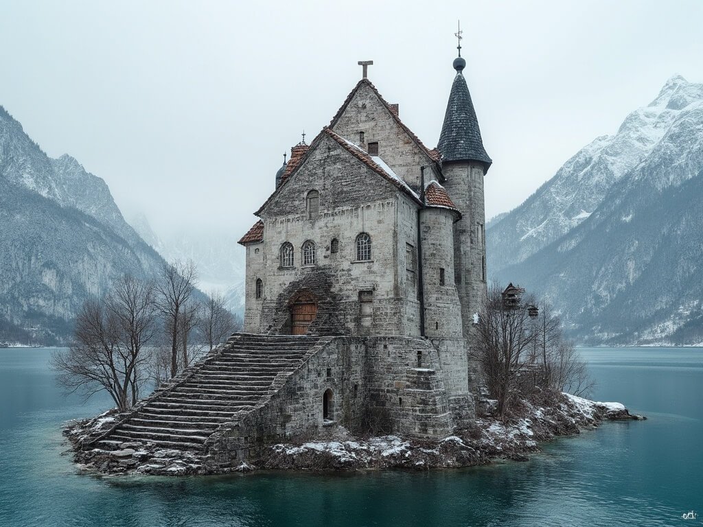 Side view of Lake Bled island church highlighting detailed Slovenian architecture with stone steps and snow-capped mountains in the background