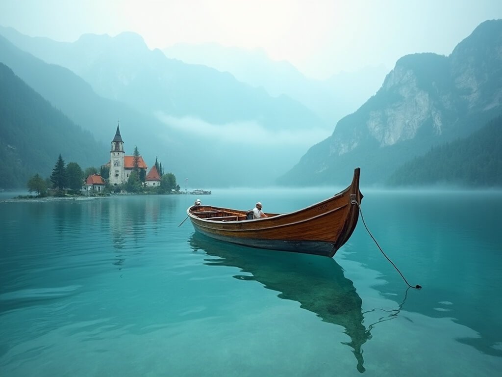 Pletna boat on turquoise Lake Bled with island church, Julian Alps in the background, and soft morning light