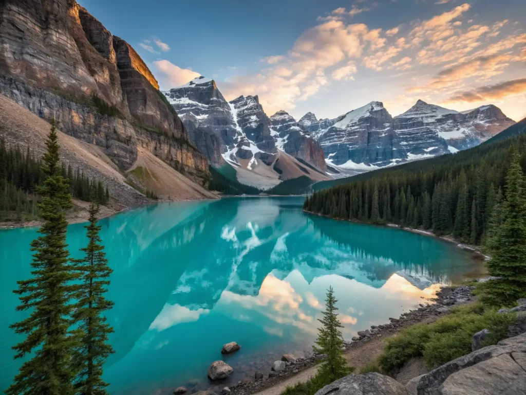 "Panoramic view of Lake Louise with turquoise waters reflecting Mount Victoria, Victoria Glacier, and dense evergreen forests during golden hour in Banff National Park"
