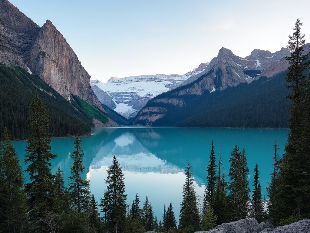 Sunrise over Lake Louise with turquoise water reflecting snow-capped Rocky Mountains and illuminated pine forests