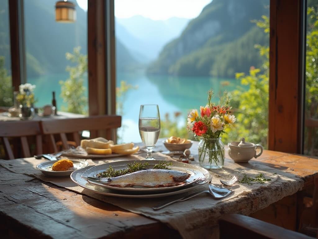 Rustic lakeside restaurant table in Austria with freshly caught trout, traditional ceramic plates, alpine wildflowers, and a view of mountains reflecting on a crystal clear lake through large windows.